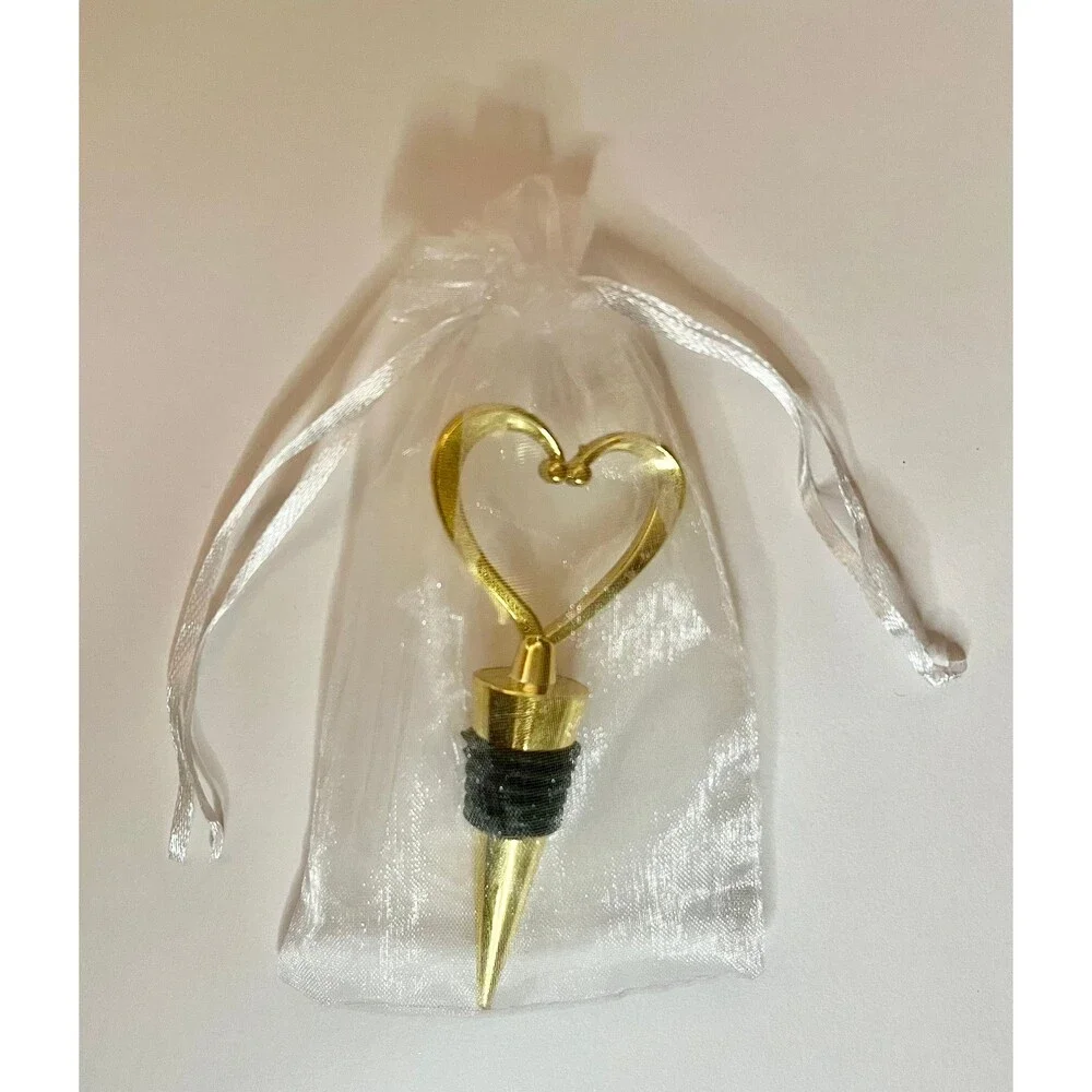 Deluxe Gold Heart Shaped Wine Bottle Stopper with Organza Bag
